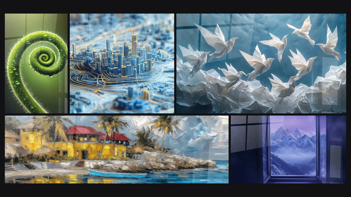 Mosaïque de cinq tableaux, dont Spirale de Vie, Village côtier méditerranéen et Ville Rêve d'acier bleu