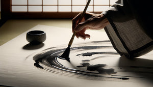 Peinture sumi-e japonaise en cours de création, geste calligraphique à l'encre noire sur papier blanc, esthétique zen minimaliste