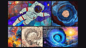 Mosaïque de cinq tableaux, dont Voyageur Cosmique, Explosion cosmique et Spirale cosmique florale