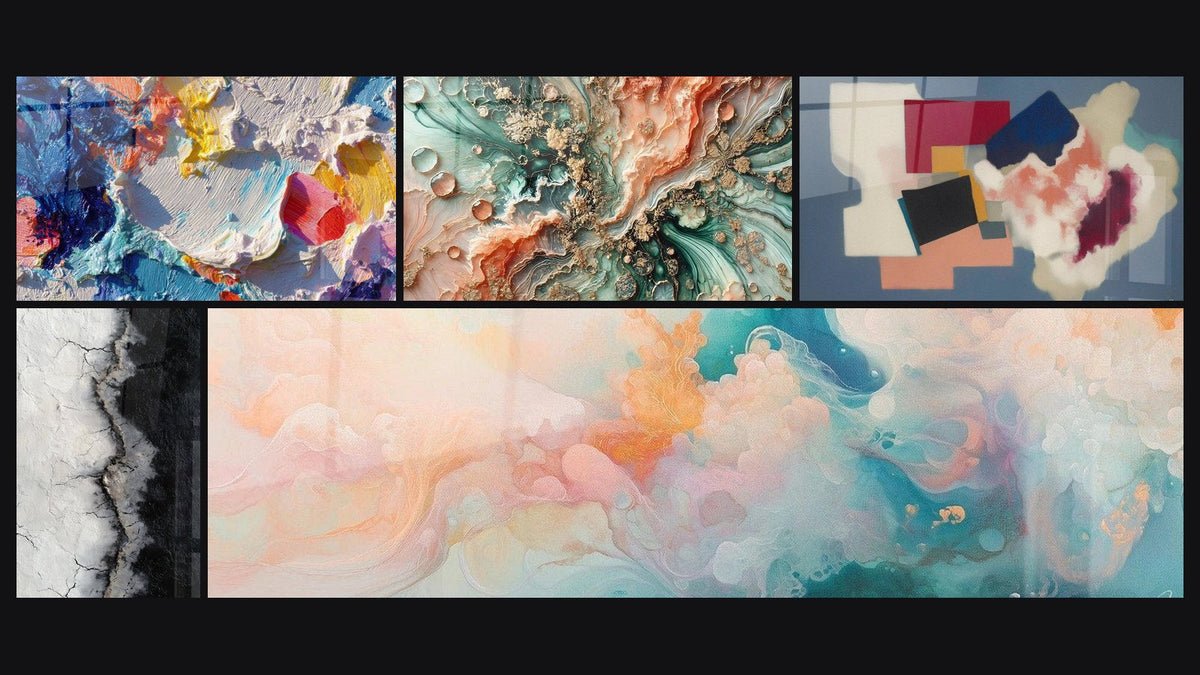Mosaïque de cinq tableaux, dont Peinture abstraite, Rêve Coralien et Formes géométriques poésie carrée