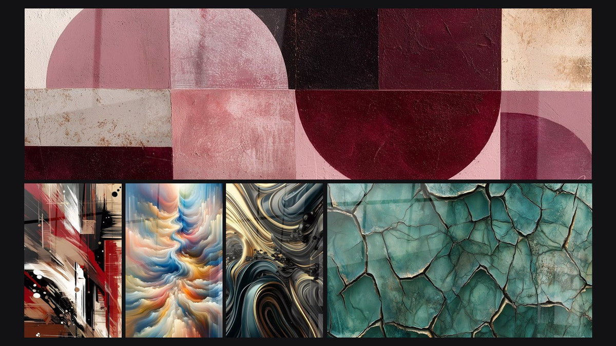 Mosaik aus fünf Gemälden, darunter Resonanz der himmlischen Töne, Opulente Wellen und Erde Gebrochen