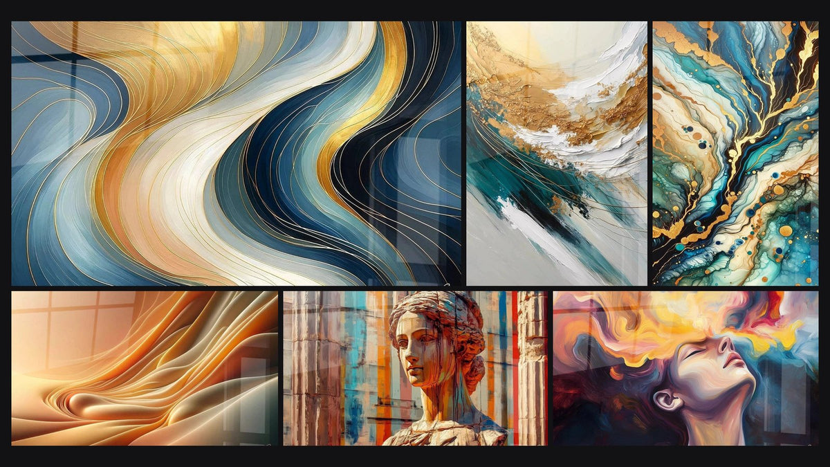 Mosaic of six paintings, including Waves in Gold and Blue, Ripples and The Spirit of