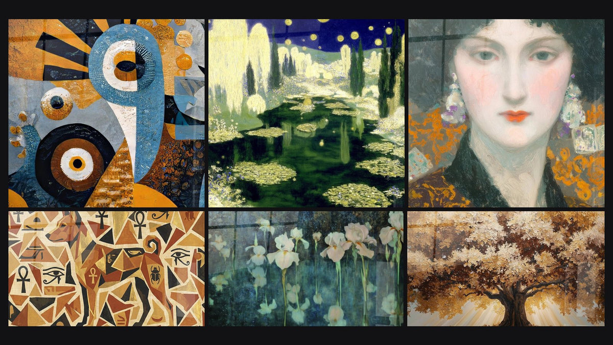 Mosaïque de six tableaux, dont Art abstrait africain, Paysage Jardin Stellaire et Chien Géométrique aux Symboles Égyptiens