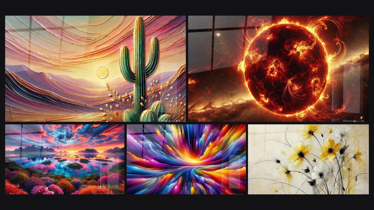 Mosaïque de cinq tableaux, dont Crépuscule du Désert, Colosse de Feu et Coucher de Soleil sur l'Archipel Floral