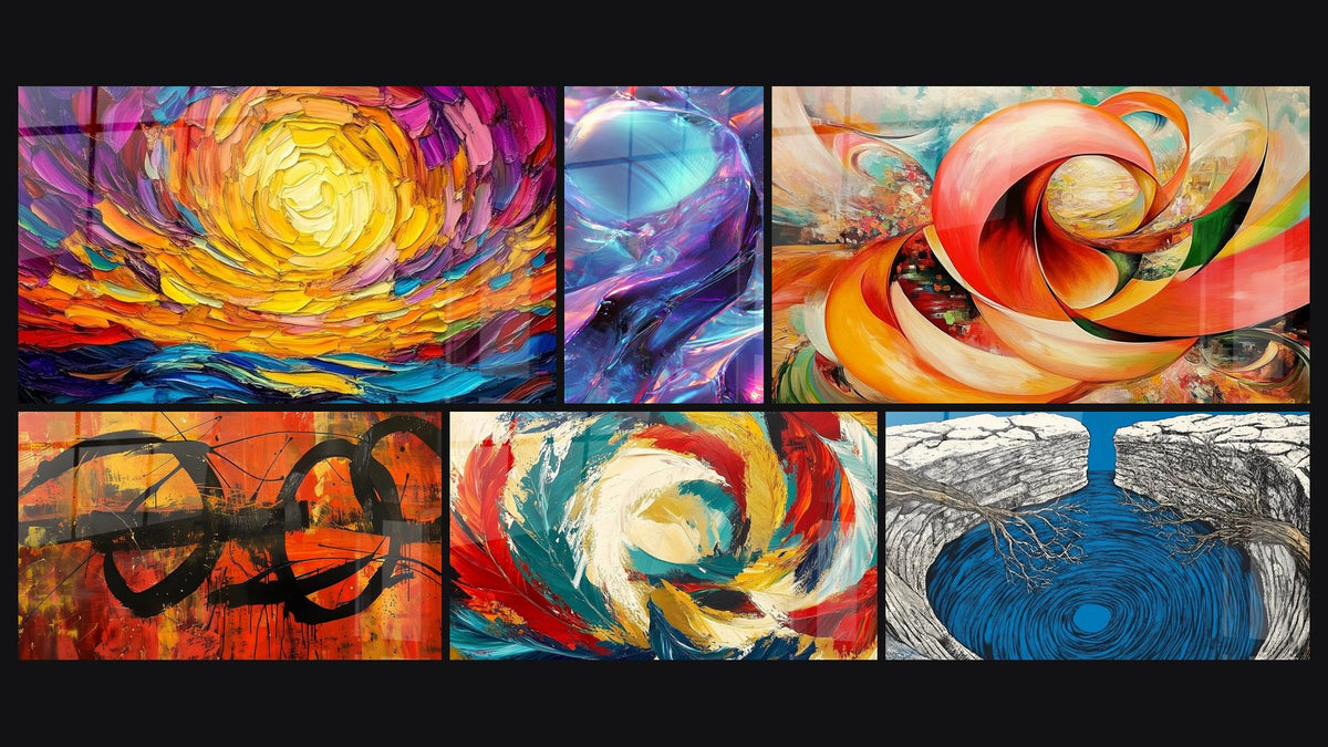 Mosaic of six paintings, including Sunset Spiral, Crystalline iridescent shapes and Black Abstract Shapes