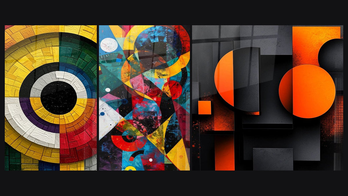 Mosaic of three paintings, including Concentric Circles Yellow and Red Mosaic and Geometric Shapes Wall Art Colorful