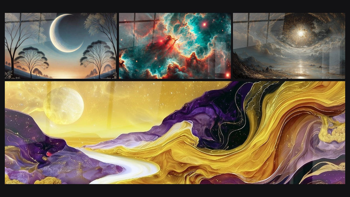 Mosaico de cuatro cuadros, entre ellos Dulzor Astral, Río dorado y montañas violetas lunares y Espacio N°1