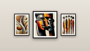 Galerijwand met drie ingelijste schilderijen, waaronder Afrikaanse Silhouetten Abstracte Dialoog en Abstracte Sereniteit