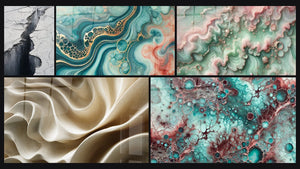 Mozaïek van vijf schilderijen, waaronder Gletscher Scheur Grijs en Zwart, Aquarelgetijtafel en Smaragdnevel