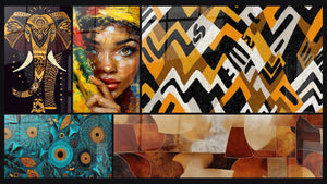Mozaïek van vijf schilderijen, waaronder Spirituele Olifant, Vrouw Blik van amber en zon en Geometrische Motieven