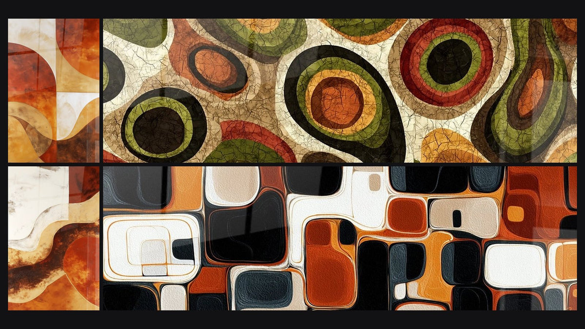 Mosaik aus vier Gemälden, darunter Flüssige Formen Siena-Erde und Ocker, Farbige Kreise und Geometrische Formen