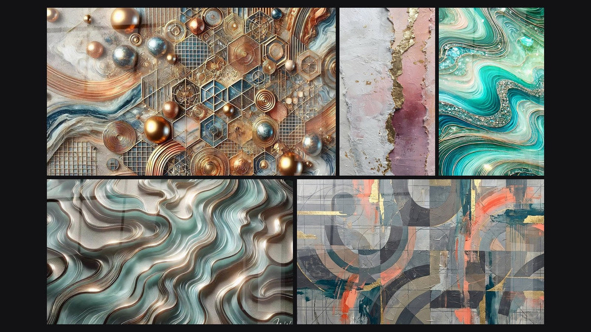 Mozaïek van vijf schilderijen, waaronder Mozaïek Koperen Tafel, Kristallen Golven en Etherische Curves