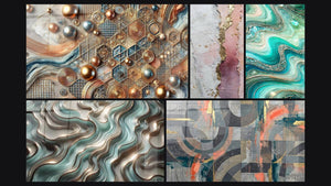 Mozaïek van vijf schilderijen, waaronder Mozaïek Koperen Tafel, Kristallen Golven en Etherische Curves