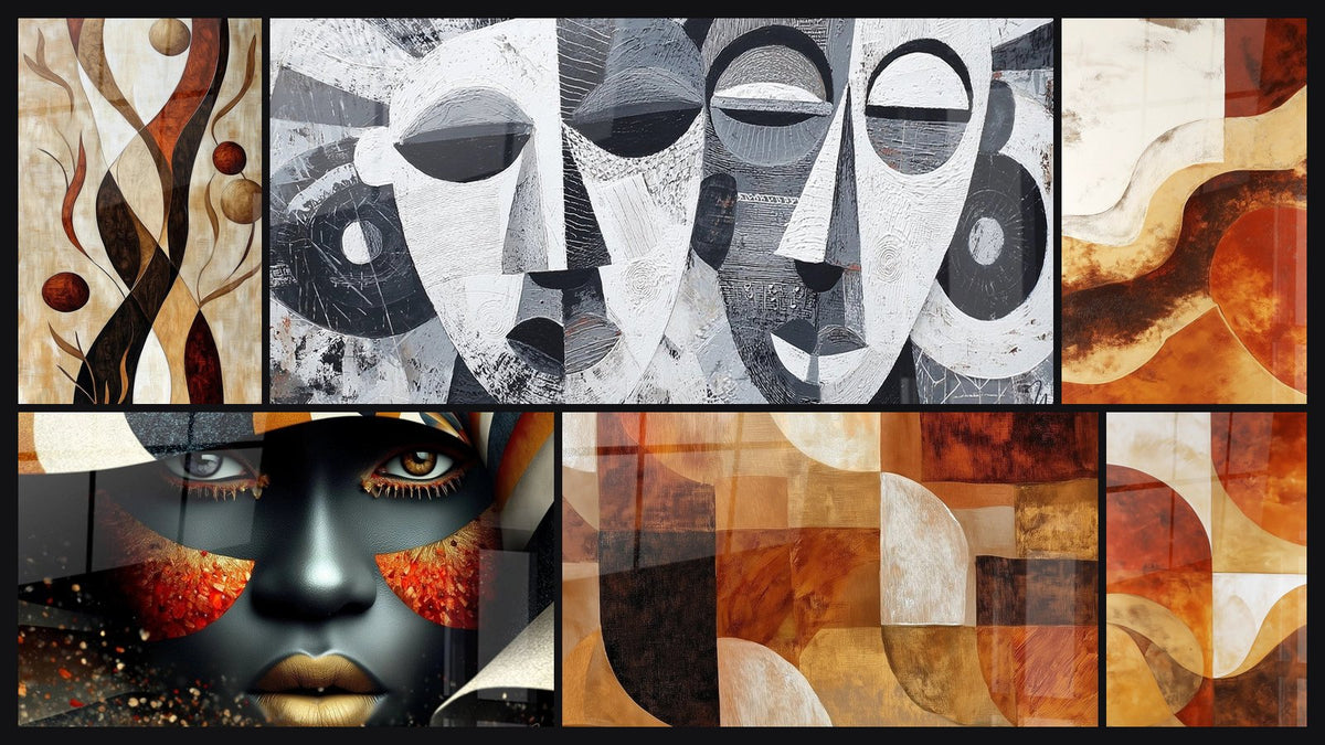 Mosaïque de six tableaux, dont Branches Souffle de la terre, Portrait Éclat d'ambre profond et Masques Africains Abstraits
