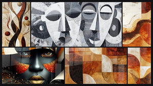 Mozaïek van zes schilderijen, waaronder Takken Adem van de aarde, Portret Diep Amber Gloed en Afrikaanse Maskers Abstract