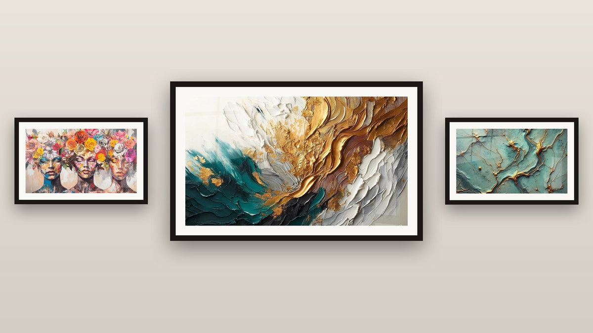 Gallery wall with three framed paintings: Trace Artwork in Gold and Jade, The Blooming Muses and Golden Rivers