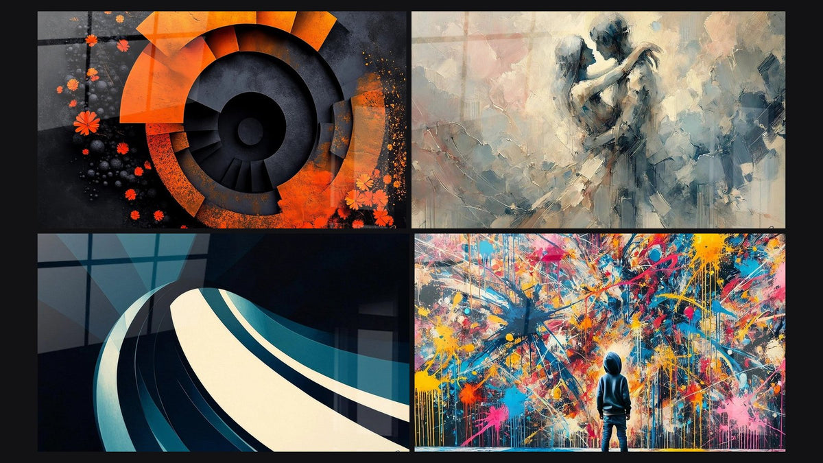 Mosaico di quattro quadri, tra cui A spirale dinamica arancione, A onde spiralata moderna e Schizzi di Pittura
