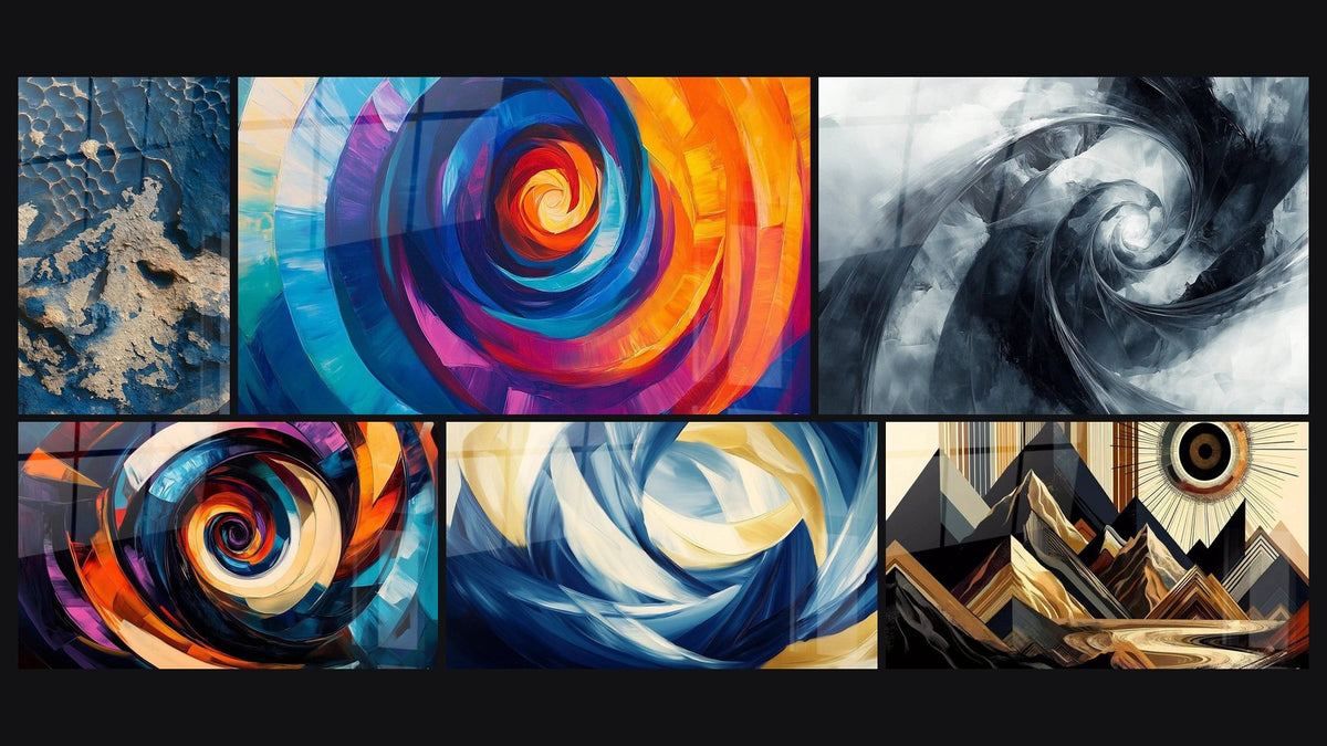 Mosaico di sei quadri, tra cui Corteccia Azzurra, Caleidoscopio Rotante e Movimento Perpetuo