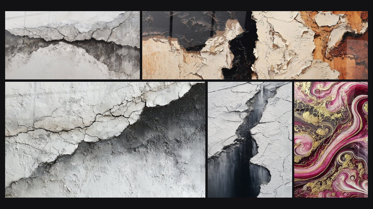 Mosaic of five paintings, including Textured Wall Art Cracked White and Grey and Glacier Crevasse Wall Art Grey and Black