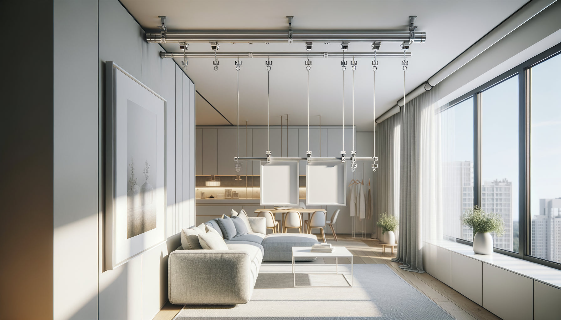 Système d'accrochage modulable avec rails et câbles ajustables dans un intérieur Airbnb contemporain minimaliste