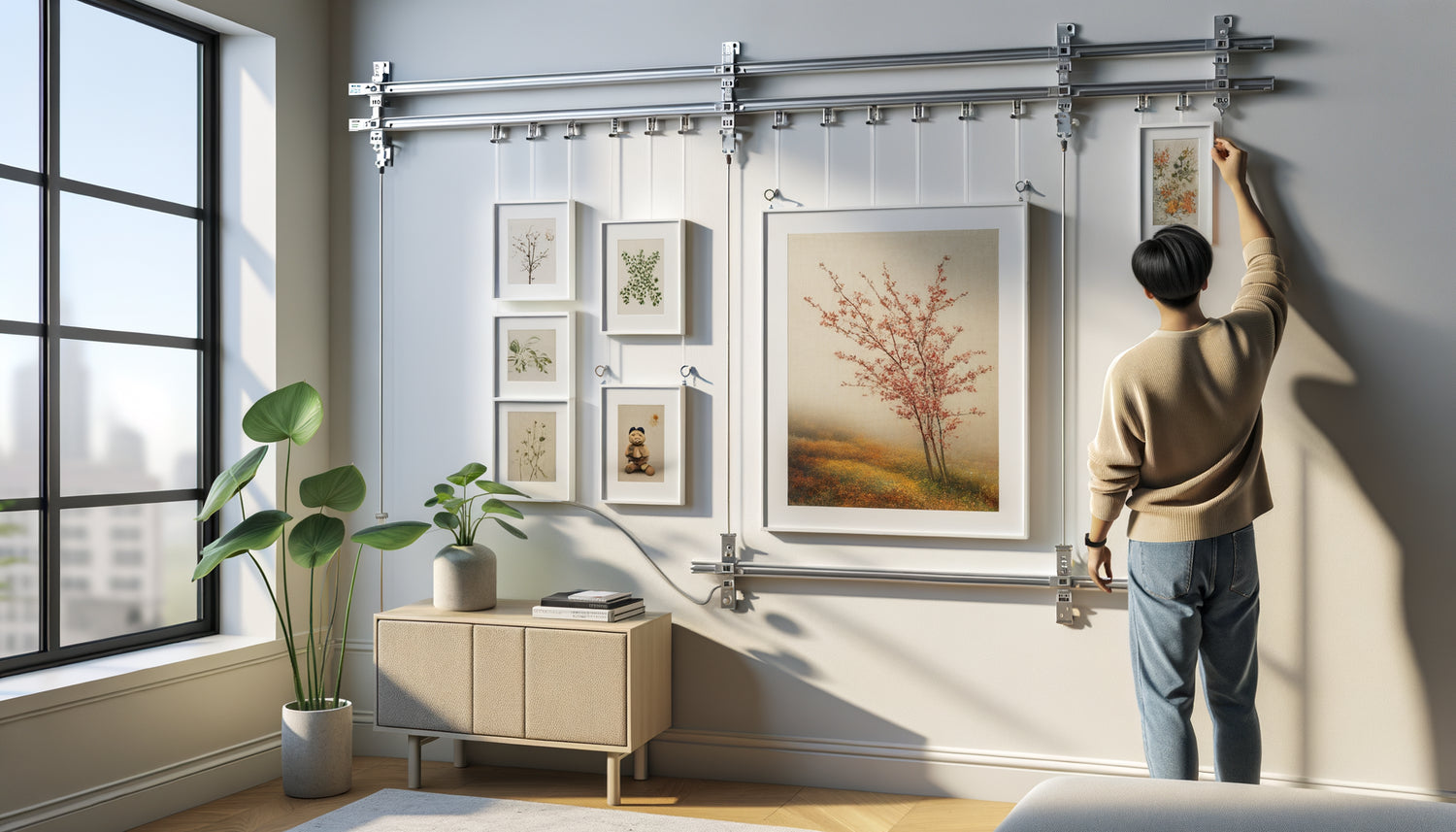 Système d'accrochage modulable avec rail et câbles pour changer facilement de tableaux selon les saisons