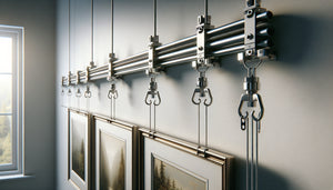 Système d'accrochage modulable avec rail métallique et câbles suspendant des tableaux vintage sur mur blanc