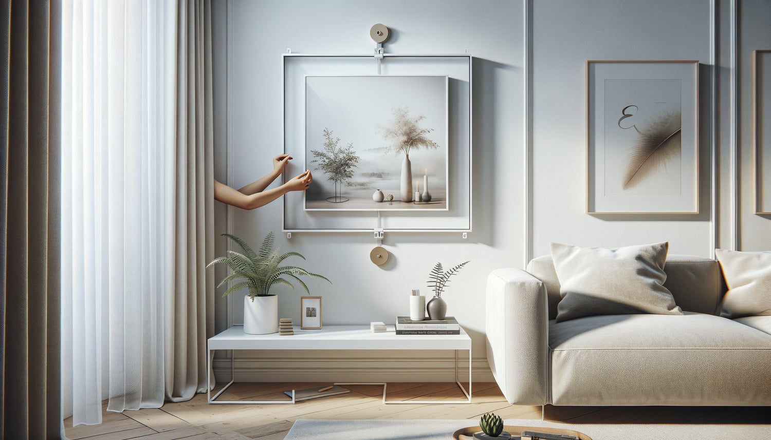 Système d'accrochage adhésif moderne installant un cadre sur mur blanc intact d'appartement en location