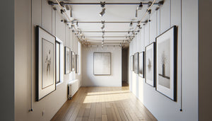 Couloir résidentiel moderne avec système de cimaise à rails au plafond et câbles ajustables suspendant des tableaux encadrés