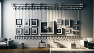 Comparaison visuelle entre système de crémaillère modulable et fixations murales traditionnelles pour accrochage d'œuvres d'art