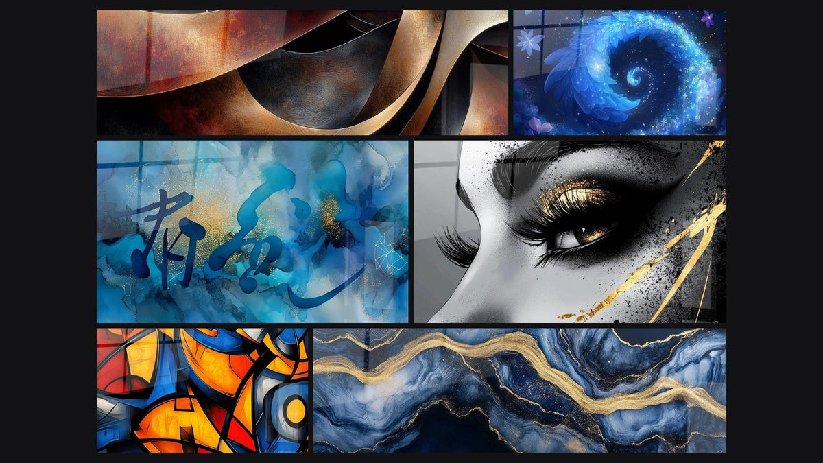 Mozaïek van zes schilderijen, waaronder Sinuosités Meditatie Oker, Bloemig kosmisch spiraal en Blauw-gouden abstract