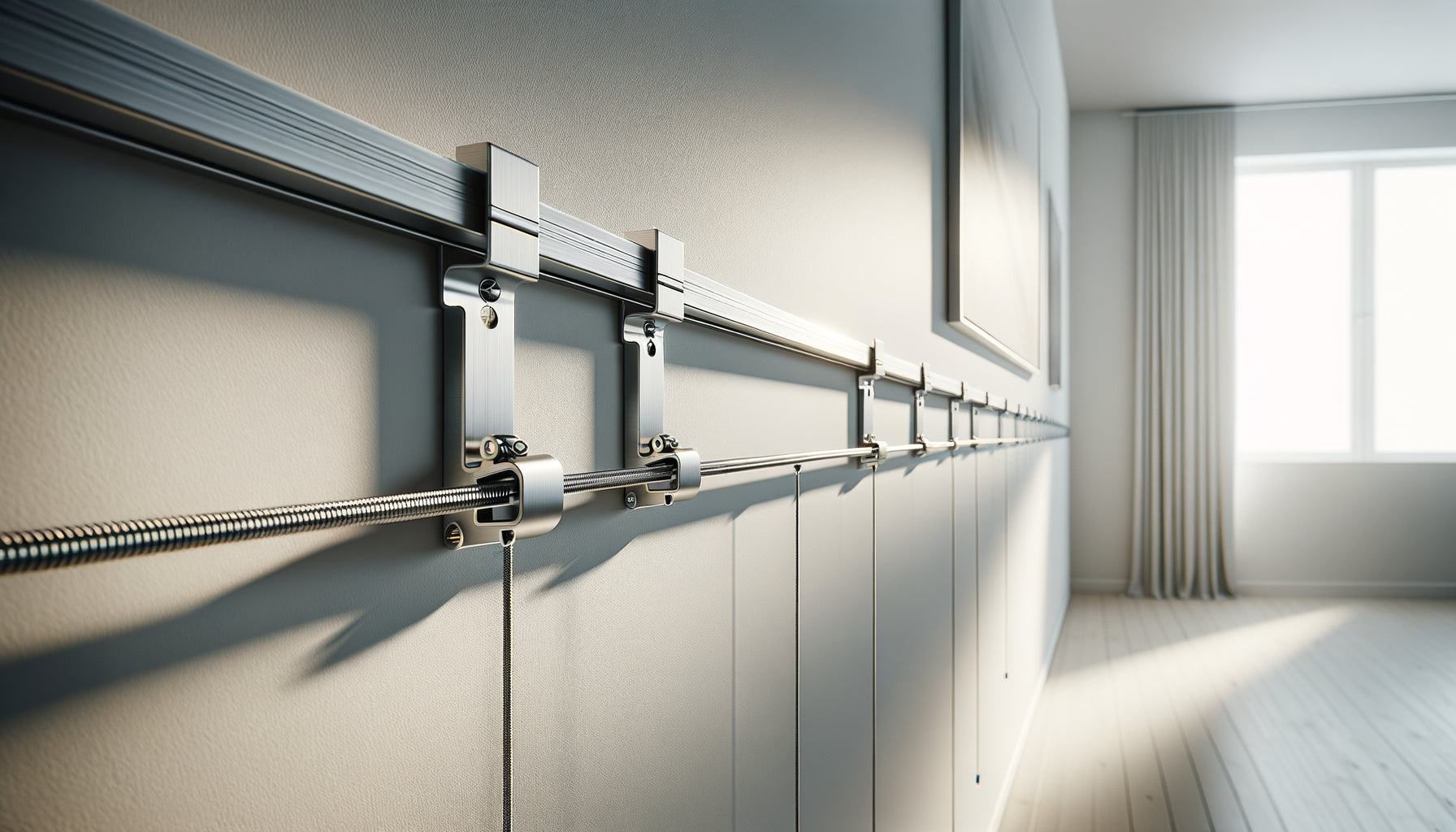 Système de rail de fixation moderne pour tableaux avec câbles ajustables permettant de changer facilement les œuvres murales