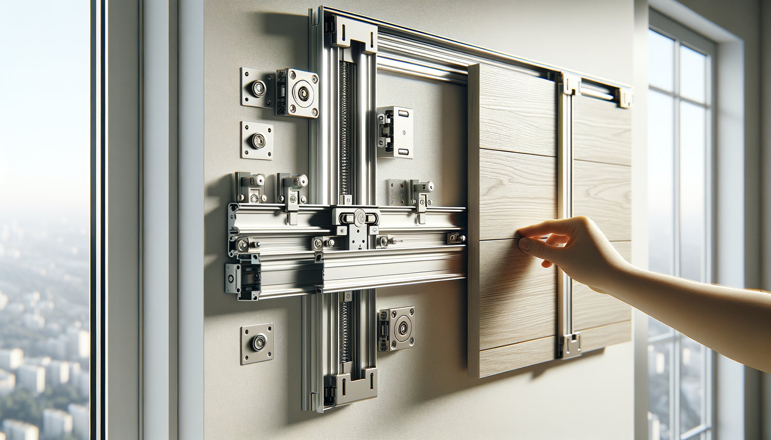 Système de glissière moderne avec rail et fixations magnétiques pour panneaux décoratifs muraux interchangeables