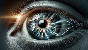 Visualisation scientifique de l'œil humain traitant les contrastes noir-blanc via le système magnocellulaire