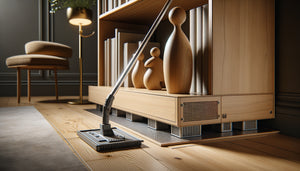 Base de bibliothèque avec pieds réglables et plinthe ajourée permettant le passage facile d'un balai en dessous