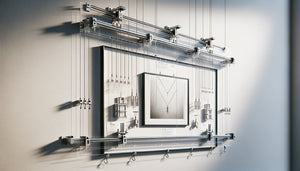 Système de cimaise murale professionnelle avec câbles transparents et crochets ajustables pour accrochage modulable de tableaux