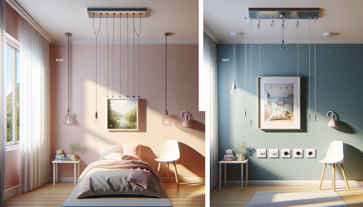 Comparaison visuelle entre système d'accrochage par câbles et crochets muraux traditionnels dans une chambre d'enfant contemporaine