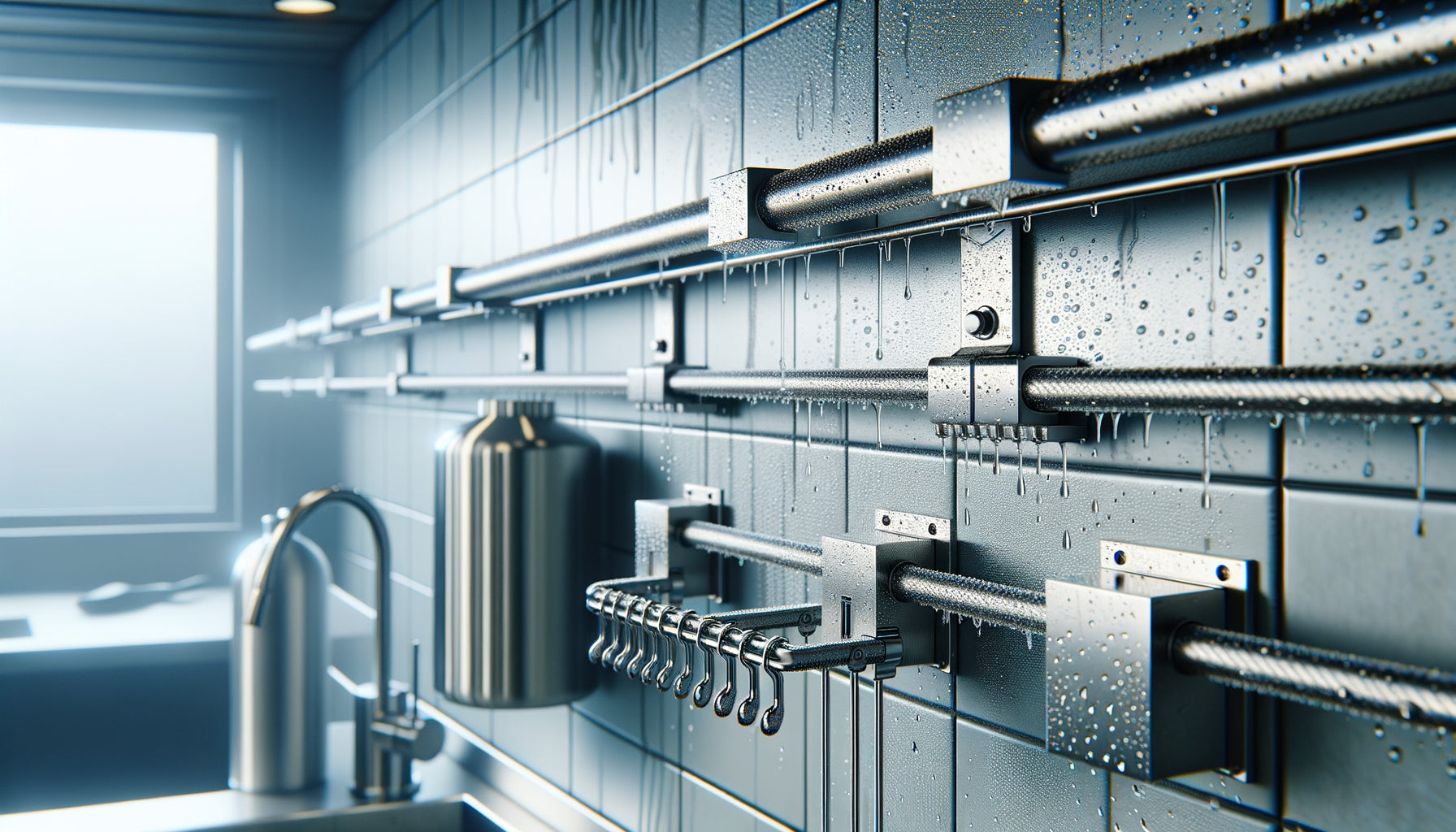 Systèmes d'accrochage en inox anti-corrosion pour cuisine humide : rails muraux, câbles tendus et crochets invisibles