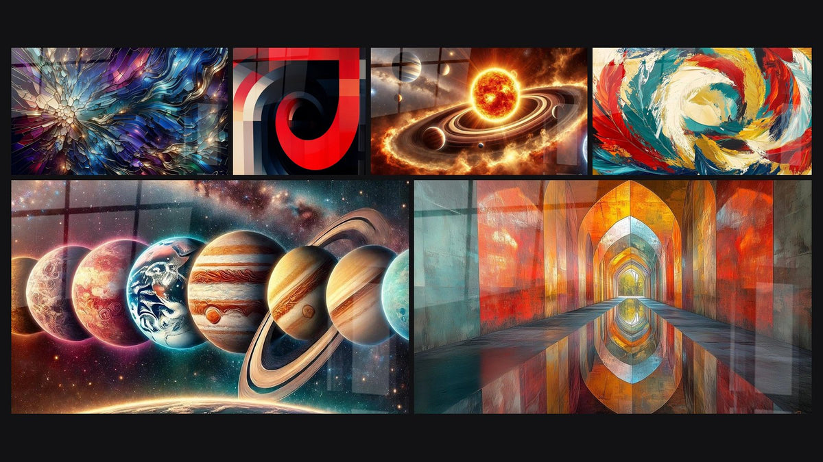 Mosaik aus sechs Gemälden, darunter Konzentrische rote und schwarze Spiralen, Tanz der Titanen und Die Ordnung der Welten