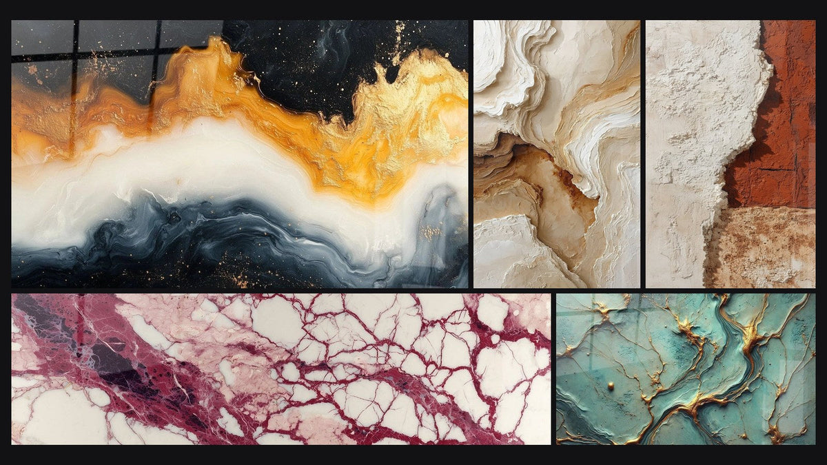 Mosaic of five paintings, including Eternal Golden Tide and Textured Abstract Wall Art Beige and Ochre