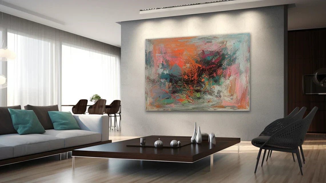 Système de fixation invisible intégré dans un salon minimaliste soutenant élégamment un grand tableau décoratif