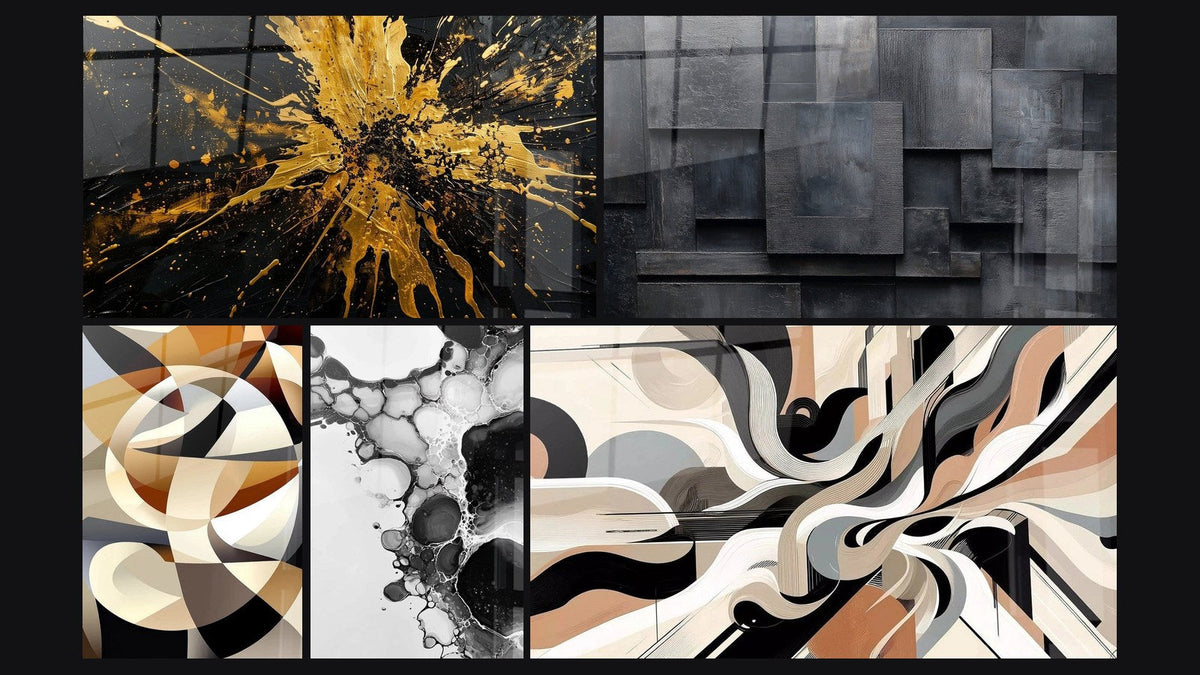 Mosaic of five paintings, including Interlaced Circular Shapes, Bubble Abstract and Graphical Vibrations