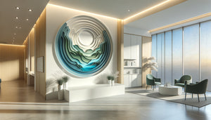 Tableau 3D à effet de profondeur représentant un paysage apaisant installé dans un cabinet médical moderne et lumineux