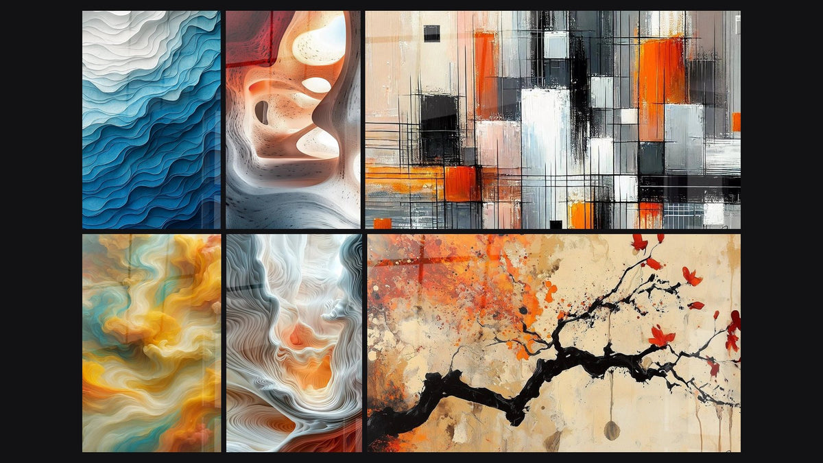 Mosaic of six paintings, including The Folds of the Ocean, The Passage White and The Foam of Breaths