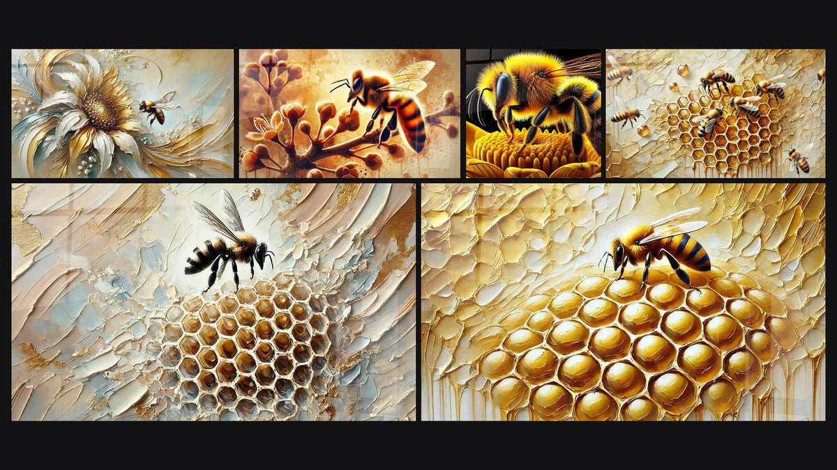 Mosaico de seis cuadros, entre ellos Magia de las Flores, Néctar de Oro y Abeja dorada y negra sobre flor detallada