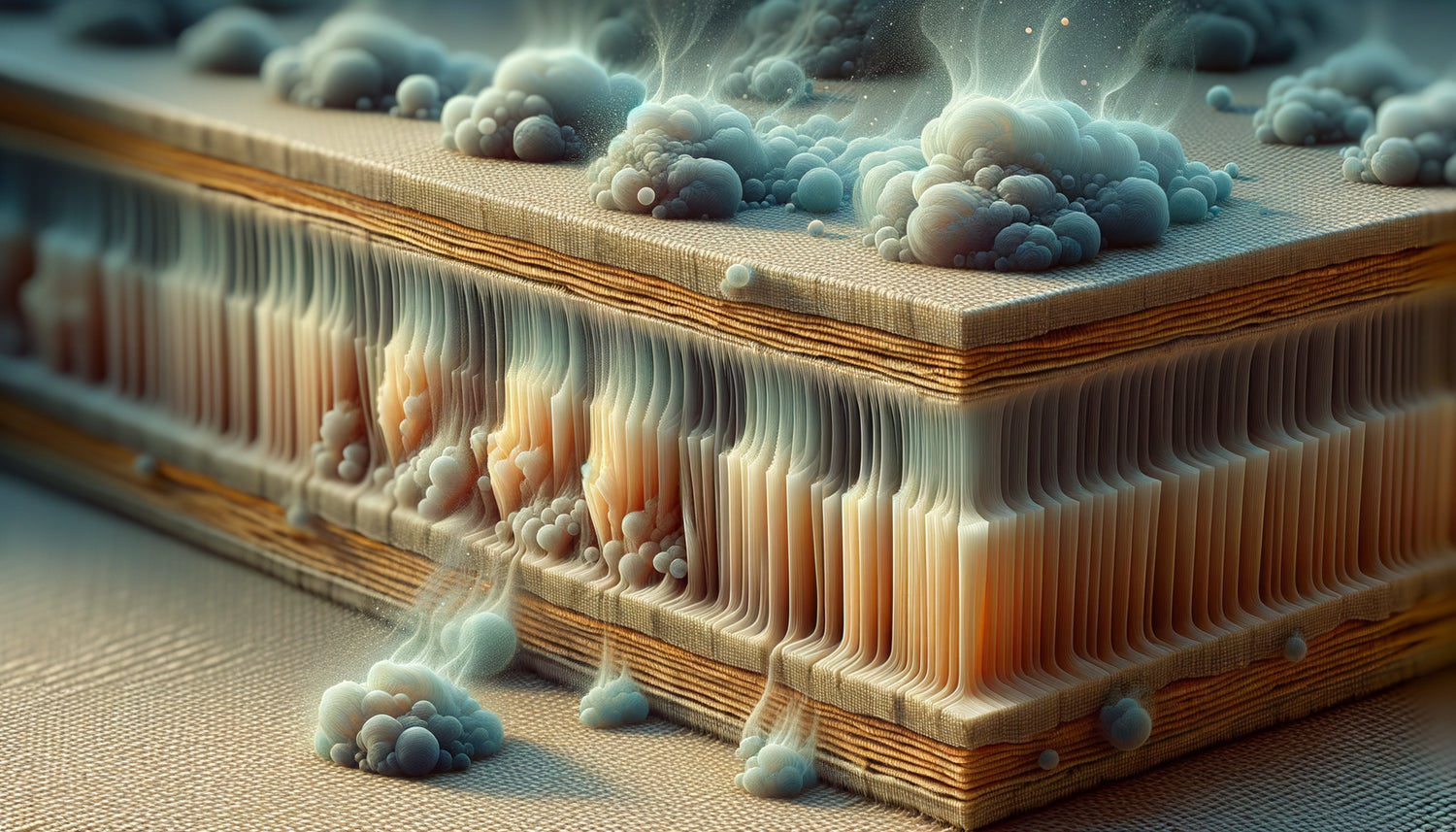 Gros plan macro sur toile de tableau absorbant des particules olfactives, visualisation scientifique du processus d'absorption des odeurs