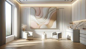 Tableau abstrait minimaliste aux tons apaisants rose poudré et ivoire dans cabinet médical haut de gamme