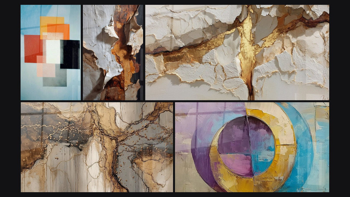 Mosaïque de cinq tableaux, dont Formes Géométriques Contraste Fonctionnel et Cercles concentriques colorés