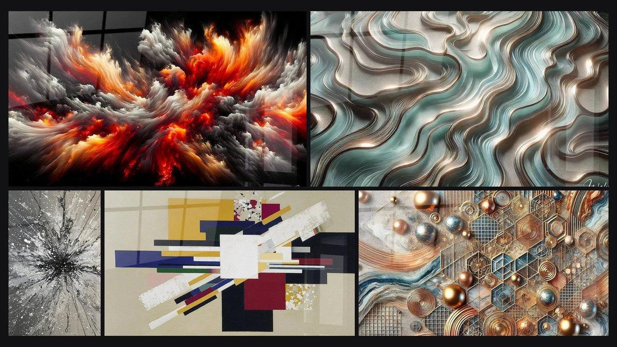 Mosaico de cinco cuadros, entre ellos Tormenta Solar Abisal, Composición Geométrica Tensión Creativa y Mosaico de Cobre