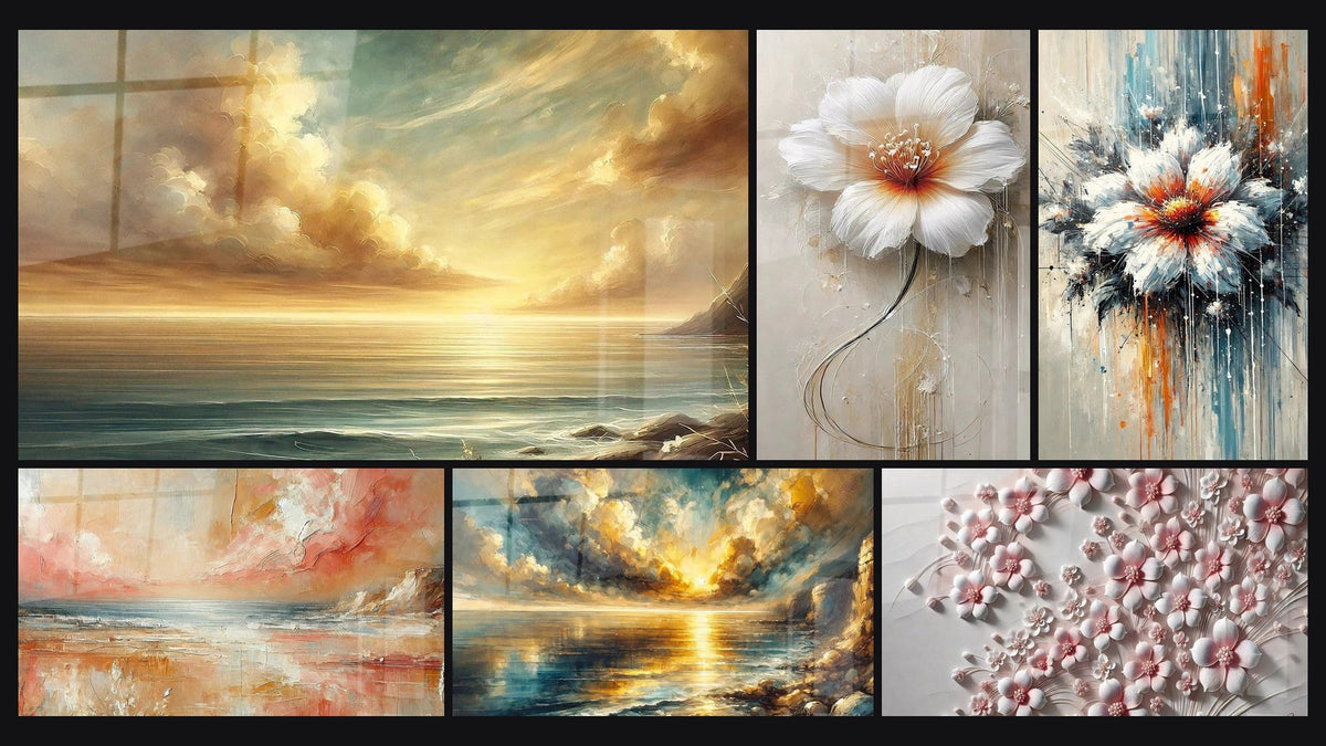 Mosaïque de six tableaux, dont Douceur du Crépuscule, Douceur d’Ambre et Crépuscule Doré