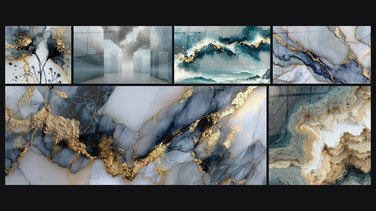 Mosaic of six paintings, including Blue and Gold Seascape with Grey Rocks and With Golden Veins on Blue-Gray Background